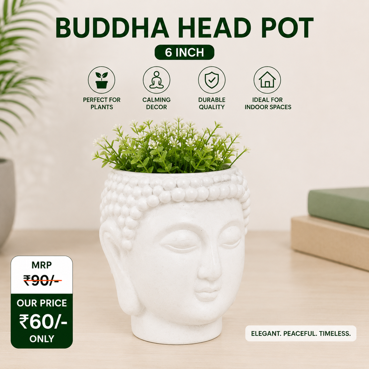 Buddha Head Planter – Calming Zen Ceramic-Look Indoor Pot